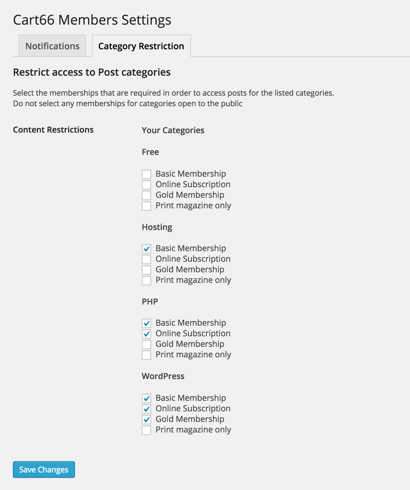 Cart66 Members WordPress category restriction settings